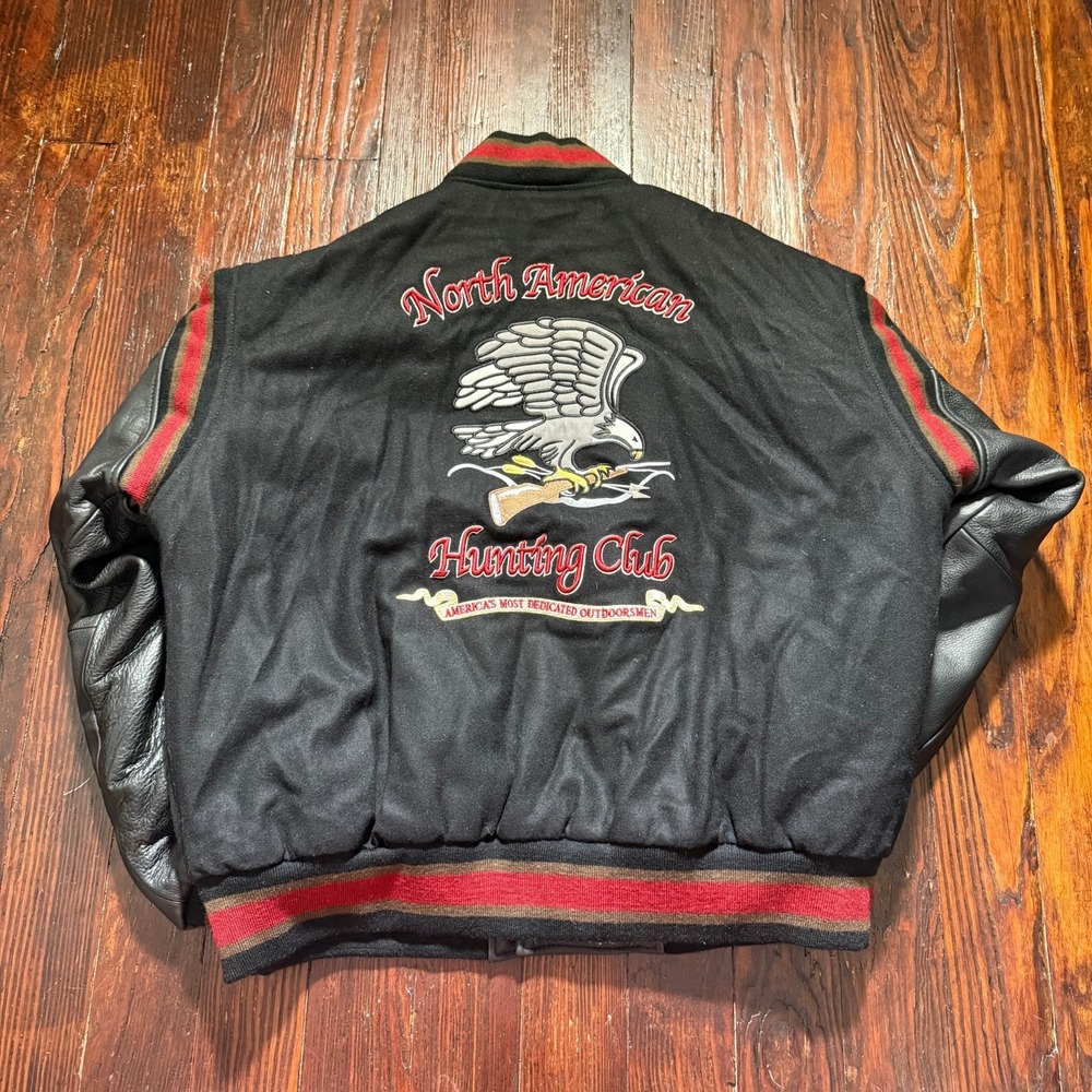 VTG North‎ American Hunting Club Jacket Mens L Black Leather Wool Life Members